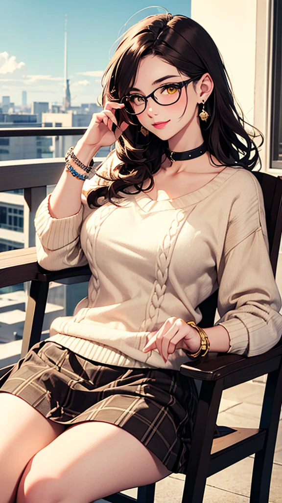 (masterpiece, best quality, Ridiculous), 1 girl, adult, brown hair, Long curly hair, yellow eyes, parted bangs, side lock, Plump and saggy breasts, sexy, long eyelashes, (Black-framed round glasses), Dining room, balcony, outdoor, sky, cosmetic, Eyeliner, lipstick, jewelry, earrings, period, bracelet, (Beige sweater,) v collar, clavicle, (beige plaid skirt), White, smooth and slender legs, sitting, on the chair, Elbow rest, looking at the audience, head tilt, blush, open lips, Smile