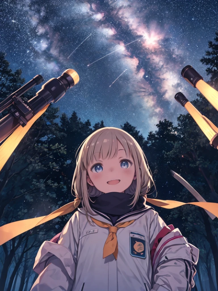 One Girl、Astronomical observation、astronomical telescope、Starry Skyを見上げる、12 Constellations、laughing、Sparkling eyes、high school girl、Yarn muffler、Starry Sky、Angle from below、Outdoor、camp site、