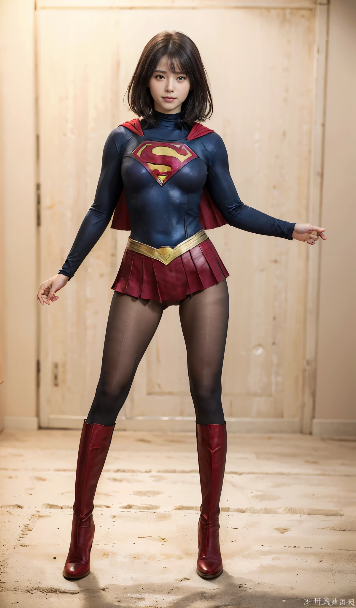 No background、She always has her mouth open、She always has a sad look on her face、Always close your eyes、(((Beautiful legs in black tights.)))、(((Stretch your legs、expensive、Showing a beautiful smile)))、((((Make the most of your original images)))、(((Supergirl Costume)))、(((Beautiful Short Hair)))、(((Suffering face)))、(((Black tights legs、Wear red boots)))、((Best image quality、8k))、((Highest quality、8k、masterpiece:1.3))、(((Preserve background )))、Sharp focus:1.2、Beautiful woman with perfect figure:1.4、Slim Abs:1.2、Wet body:1.5、Highly detailed face and skin texture、8k