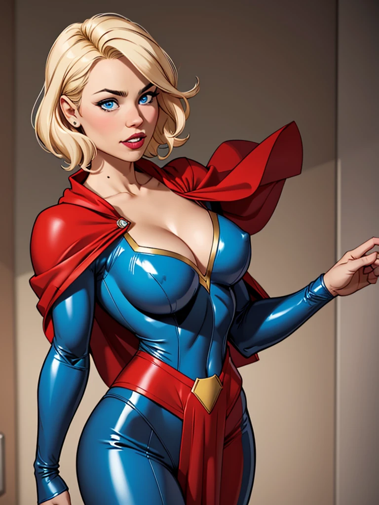 Blonde girl, with short hair, blue eyes, wearing a tight-fitting hero costume made of latex, wearing a blue hero costume, with a red cape on the back, cleavage and well-defined breasts