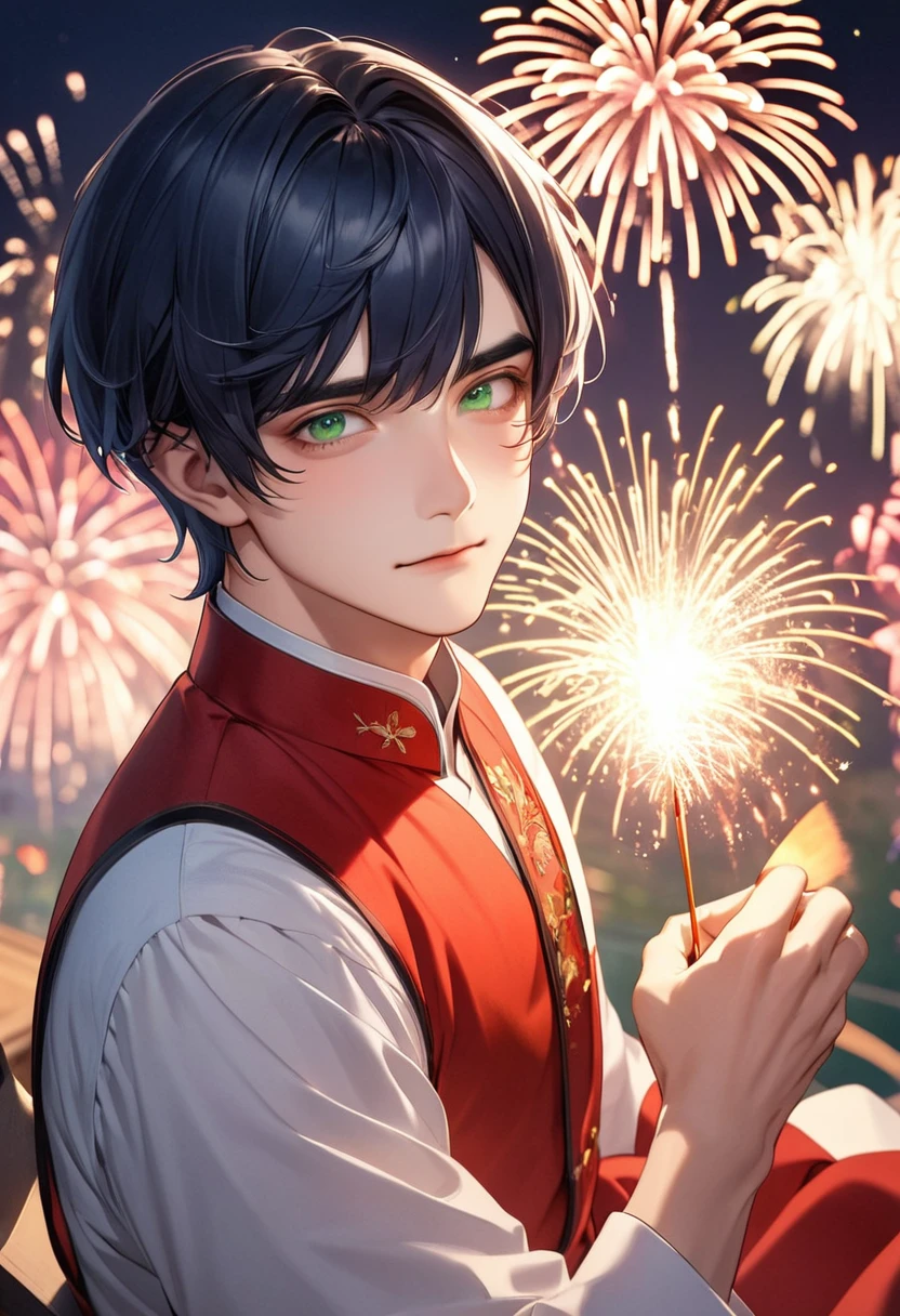 1 male Short dark blue hair and eyebrows Bangs parted above the left eye Deep green eyes Red and white dress firework