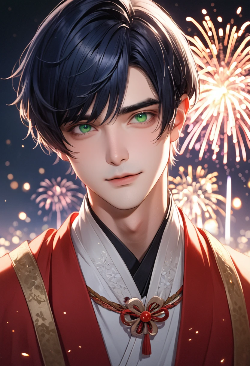 1 male Short dark blue hair and eyebrows Bangs parted above the left eye Deep green eyes Red and white dress firework