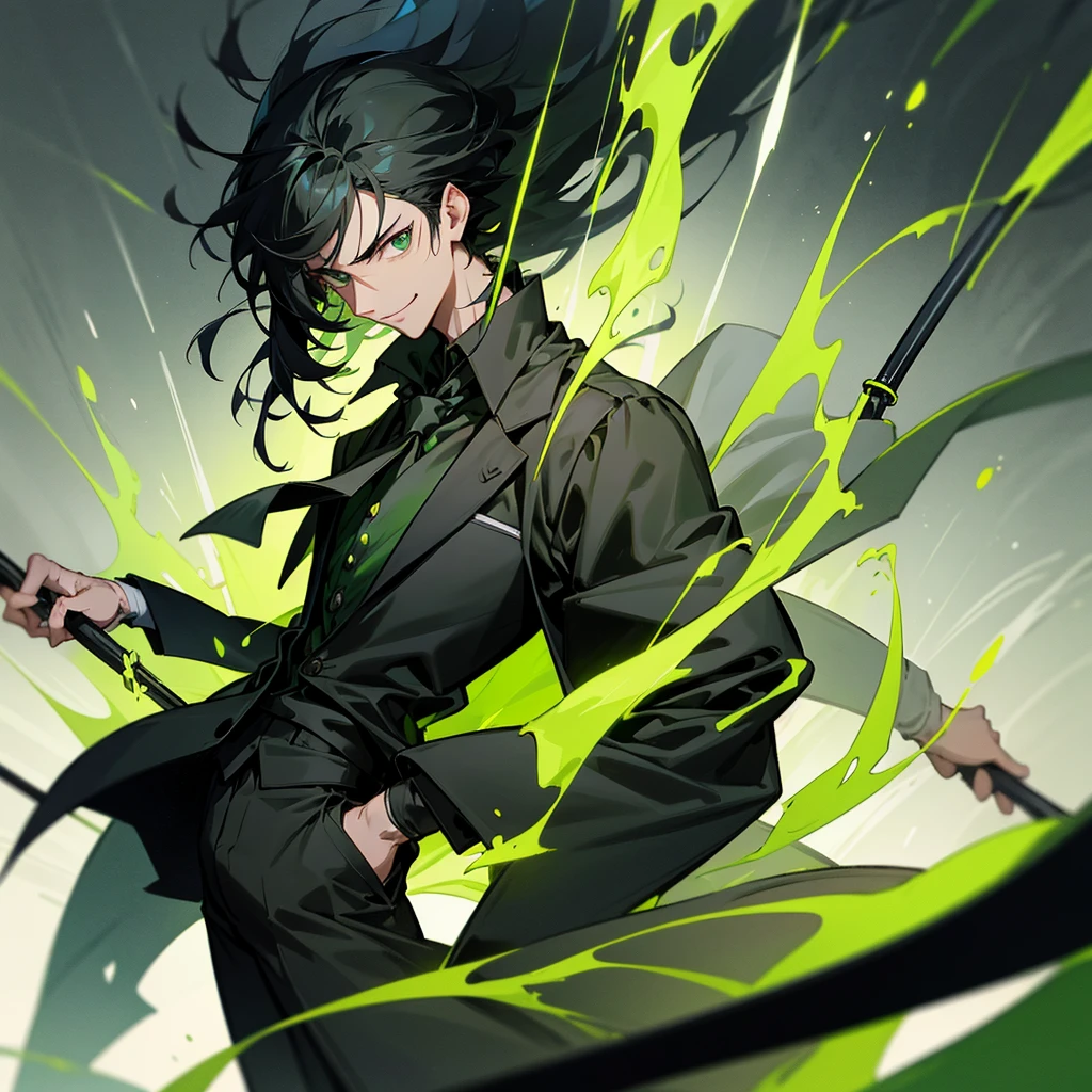 1 man with black hair , wearing a black overcoat covering his white shirt with a lime green tie and black dress pants with pockets and chains while wearing a white scarf with a tall white background with a smile and casting a spell in the form of a lime green time clock with his hair looking like Meliodas with a masculine but beautiful face holding a scythe with a green blade and black handle with green flaming chains