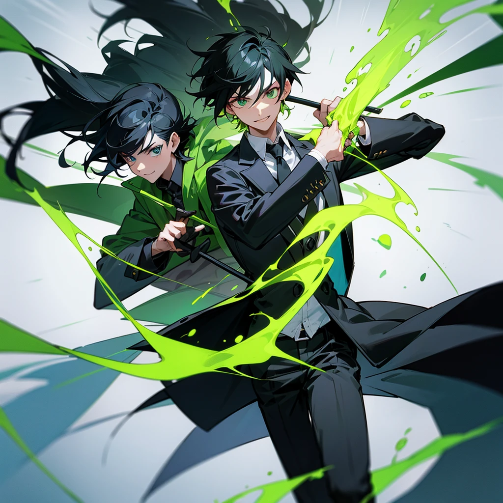 1 man with black hair , wearing a black overcoat covering his white shirt with a lime green tie and black dress pants with pockets and chains while wearing a white scarf with a tall white background with a smile and casting a spell in the form of a lime green time clock with his hair looking like Meliodas with a masculine but beautiful face holding a scythe with a green blade and black handle with green flaming chains