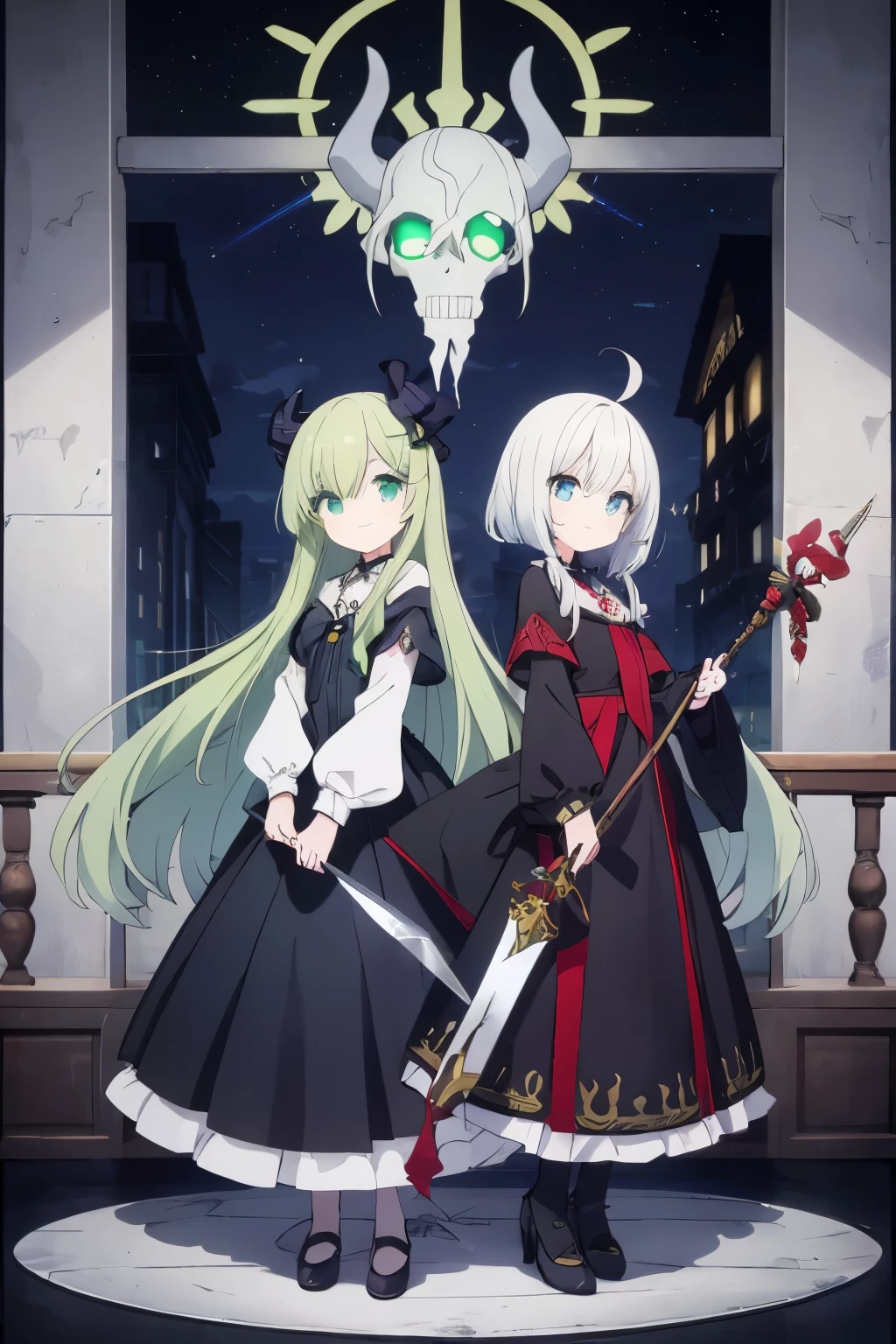 Two girls,White-haired and blue-eyed girl,Blue-haired girl holding a knife,Green-haired and green-eyed girl,Green-haired girl with a smile,Holding a staff,Full body portrait,Standing posture,Demon King,Skull,Gorgeous clothing,palace,Chaos Ritual,night