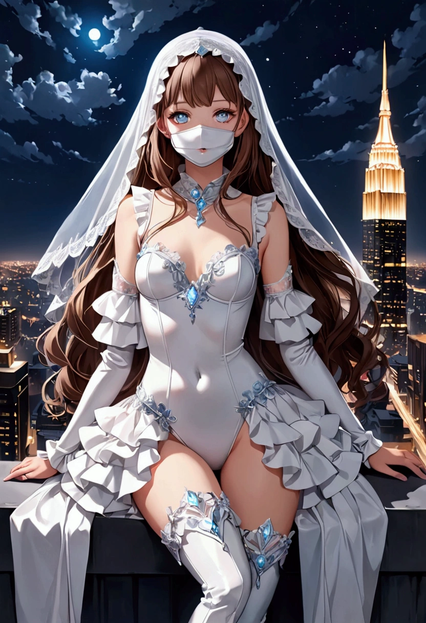 Young girl with delicate features, thin but cute face, light white skin with a slight blush, soft pink lips, glowing light blue eyes, long, slightly wavy brown hair with pink highlights, wearing a heroine outfit consisting of a white leotard with cute and delicate details in ruffles and lace and the sleeves cover the entire arm, on the hips in the back there are ruffles that imitate a white skirt and on the feet are white boots that go up to the knees and have crystal details, On her face she wears a mask that resembles a veil that only covers her mouth and is made up of crystals.. It's on top of a building at night and it's dark.