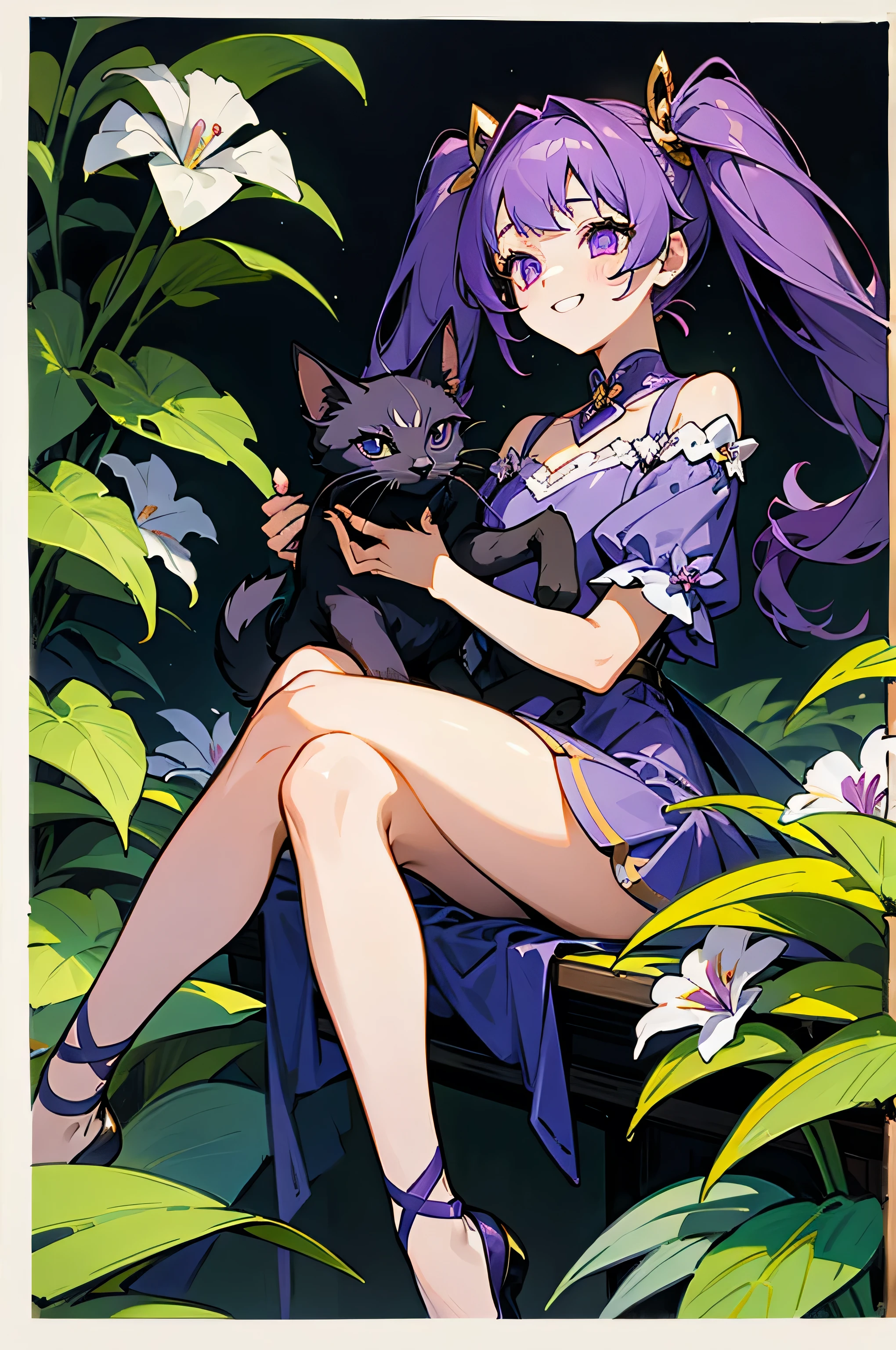 A dark Purple-haired teen girl dressed in a gorgeous costume, Holding a small black kitten, Surrounded by plants and flowers, happy laugh, BREAK, she has lavender eyes, twintails, gold hair ties,