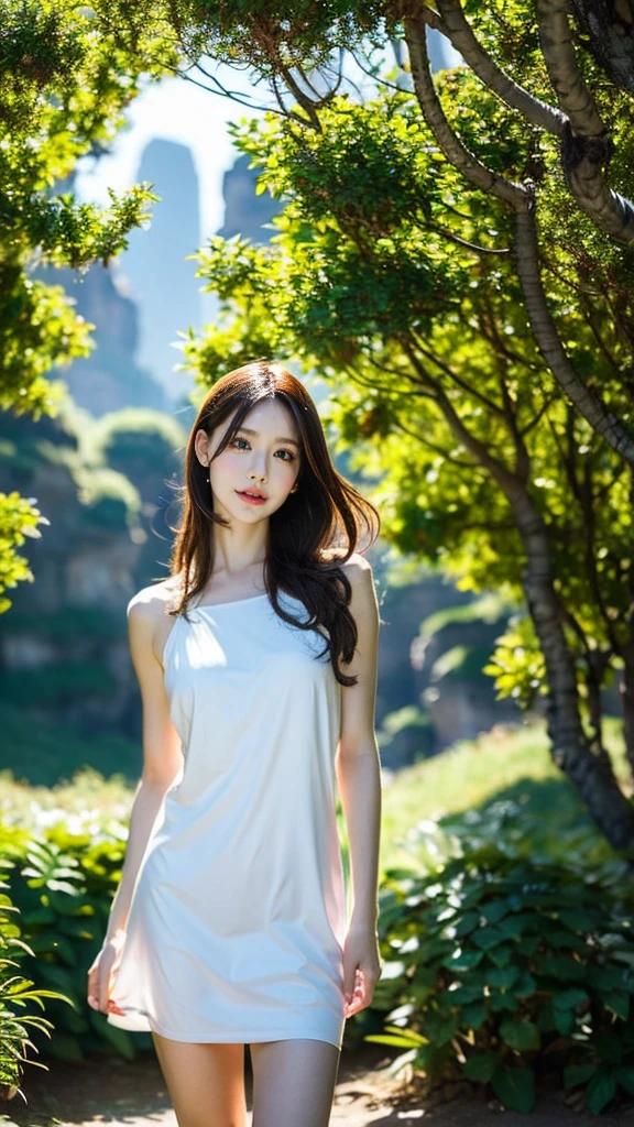 beautiful Asian girl,stand in front of,Tianzi Shan Mountain Peak Mountains Zhangjiajie,above knee length sundress,green mountains,sunlight filtering through the trees,serene expression,dark flowing hair,peaceful atmosphere,soft breeze,kaleidoscope of colors,ethereal beauty,blending with nature,harmonious composition,delicate features,lush vegetation,golden sunlight,sublime landscape,subtle elegance,graceful posture,soothing ambiance,serene and majestic,the girl's eyes reflect the beauty of the mountains,magical and dreamlike,tranquility and harmony,serene and ethereal,gentle and graceful,natural beauty,mesmerizing scenery,looks like a painting,captivating beauty,harmonious color palette,incredible natural wonder,serenity and tranquility,majestic and awe-inspiring