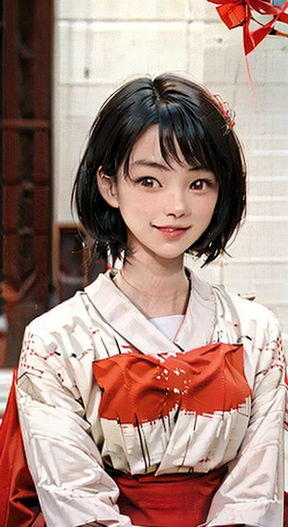 2 girls, masterpiece, Highest quality, Highly detailed CG Unity 8k wallpaper, High School Girl Anime Illustration. Wearing a red and white kimono, Sit upright, Lean your upper body forward, And then bow., Both expressed their gratitude.., seiza, The background is red and white vertical stripes, Close your eyes and open your mouth, Big smile, Facing the viewer