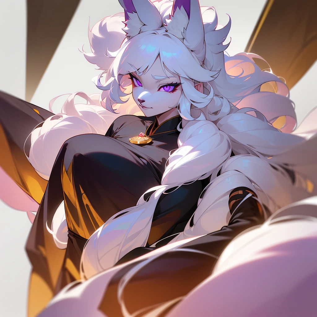 (ultra quality)), Beastmen. ((humanoid wolf)), ((furry)), ((masterpiece)), ((long white curly fur)), ((fluffy fur)), ((half rabbit)), ((White hair)), (beautiful face), (beautiful female lips), charming, ((threatening facial expression)), looks at the camera with a slight smile, (White skin color), (White skin), glow on the body, ((detailed eyes)), ((violet eyes)), (juicy female lips), (dark eyeliner), (beautiful female hands), ((thick body)), ideal female body, beautiful waist, beautiful big hips, big breasts, thick thighs, ((kimono)) ((Subtle and beautiful)), ((Long wolf ears)) ((long fluffy wolf tail)), ((At his side a huge white wolf)) (), ((depth of field)), ((high quality clear image)), (delete details), ((High detail)), ((clear focus))