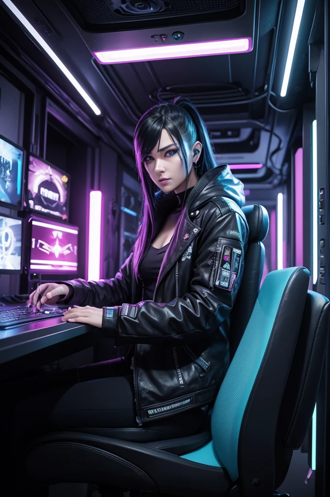 Sitting cyberpunk gamer face from the front