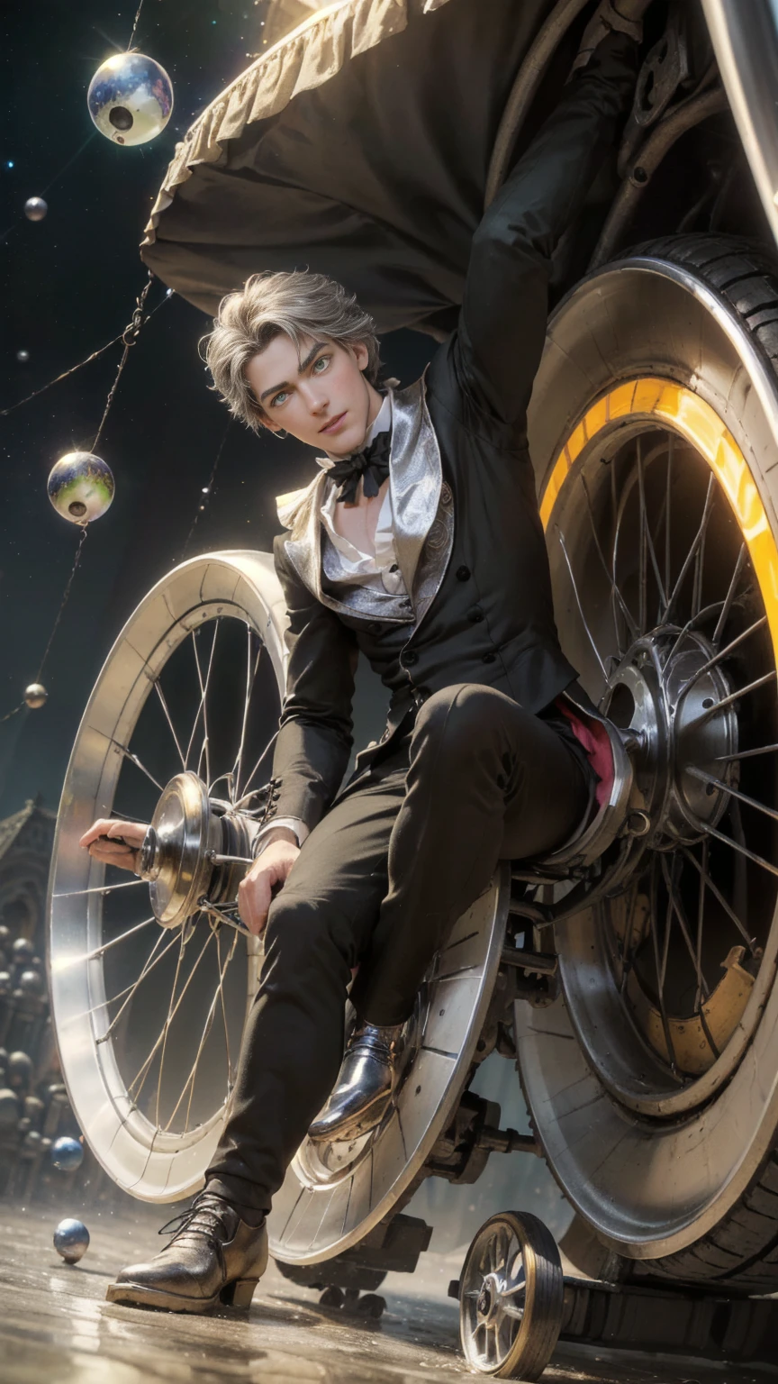 (((Dorian Gray))),(pectoral,man chest), (35 year old man),young,(long golden hair),((1 male,1 Male,1 male人,man,male:1.5,male焦點)),(((Green_Eye:1.3))),Wheels within wheels Eye,beautiful detailed Eye,symmetrical Eye,((Detailed face)), (pale skin),(alone),athletic body,Goethe&#39;s aesthetics, nightmare appearance,  haunted atmosphere, The face is that of a stunning and handsome 25-year-old,slim and masculine man,handsome gentleman

Intense gaze,An aura of mystery,suspected of danger

(((Dressed in a Regency men&#39;s suit, Harmonious and meticulous, Magician with dark hair and retro vest. High-end fashion, Black suit,))),((bulge in pants)),((Wheels within wheels outfit,Wheels within wheels clothes, victorian style clothes)),

(dynamic poses:1.0),laugh at,(Center,Scale to fit dimensions,Rule of Thirds),

((((Tiny spheres surrounded by bright silver light，The spheres floated and spun around him)))),

indoor,((Victorian dark palace at night)),landscape:1.25,Wheels within wheels landscape,extremely landscape,((The background is a dark victorian palace)),

(Sleek victorian ornament),High resolution,sharp focus,(Super detailed,Very detailed),(realistic artwork:1.37),(Very detailed CG unity 8k wallpaper),(((bright colors,Vibrant theme))),(Wheels within wheels),(masterpiece),(best quality),art photography,(Photos taken by sldr),(Wheels within wheels background),perfectly rendered face,Perfect facial details,realistic face,Photo-realistic,((Wheels within wheels detail)),(((realism))),
