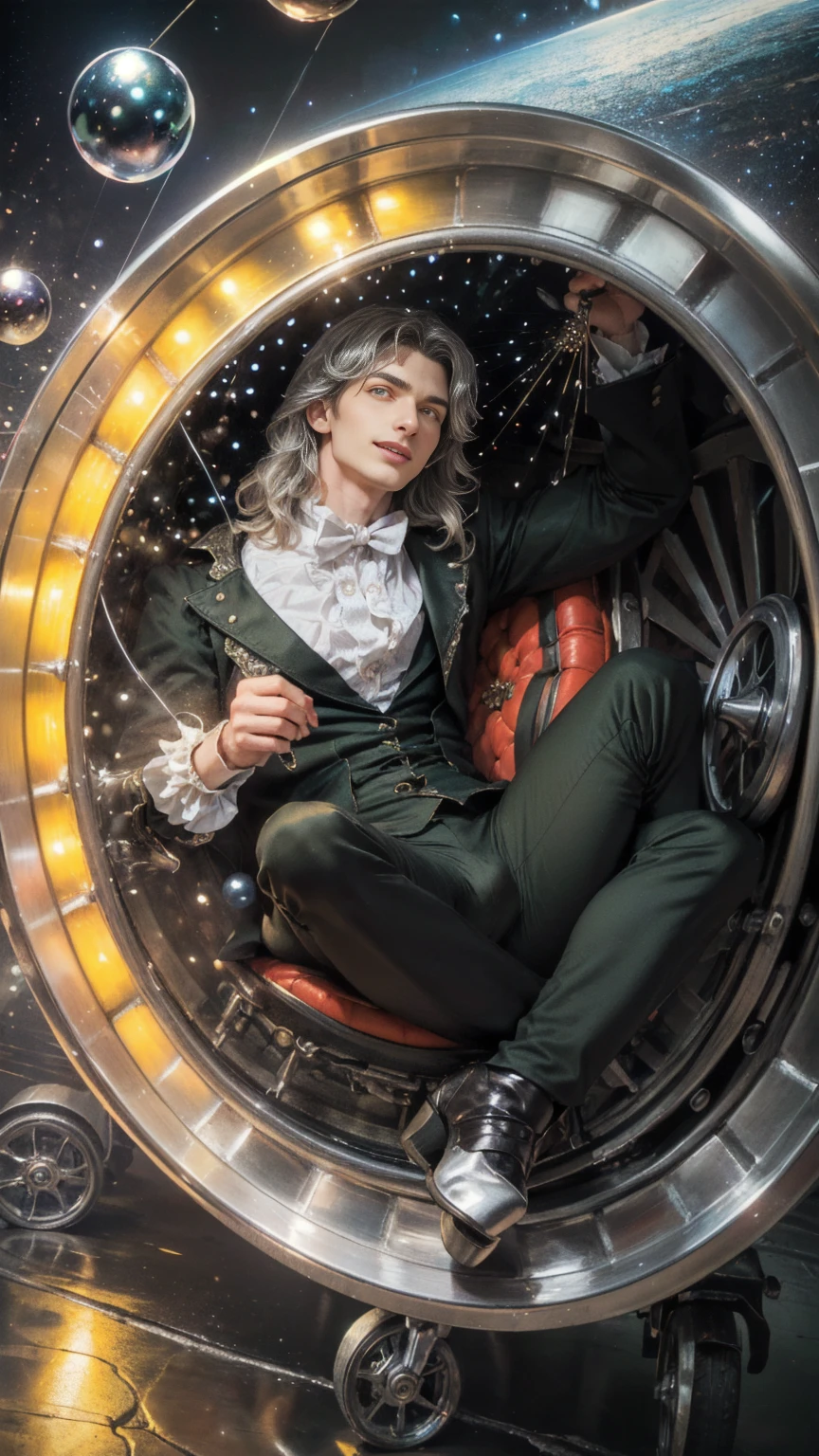(((Dorian Gray))),(pectoral,man chest), (35 year old man),young,(long golden hair),((1 male,1 Male,1 male人,man,male:1.5,male焦點)),(((Green_Eye:1.3))),Wheels within wheels Eye,beautiful detailed Eye,symmetrical Eye,((Detailed face)), (pale skin),(alone),athletic body,Goethe&#39;s aesthetics, nightmare appearance,  haunted atmosphere, The face is that of a stunning and handsome 25-year-old,slim and masculine man,handsome gentleman

Intense gaze,An aura of mystery,suspected of danger

(((Dressed in a Regency men&#39;s suit, Harmonious and meticulous, Magician with dark hair and retro vest. High-end fashion, Black suit,))),((bulge in pants)),((Wheels within wheels outfit,Wheels within wheels clothes, victorian style clothes)),

(dynamic poses:1.0),laugh at,(Center,Scale to fit dimensions,Rule of Thirds),

((((Tiny spheres surrounded by bright silver light，The spheres floated and spun around him)))),

indoor,((Victorian dark palace at night)),landscape:1.25,Wheels within wheels landscape,extremely landscape,((The background is a dark victorian palace)),

(Sleek victorian ornament),High resolution,sharp focus,(Super detailed,Very detailed),(realistic artwork:1.37),(Very detailed CG unity 8k wallpaper),(((bright colors,Vibrant theme))),(Wheels within wheels),(masterpiece),(best quality),art photography,(Photos taken by sldr),(Wheels within wheels background),perfectly rendered face,Perfect facial details,realistic face,Photo-realistic,((Wheels within wheels detail)),(((realism))),
