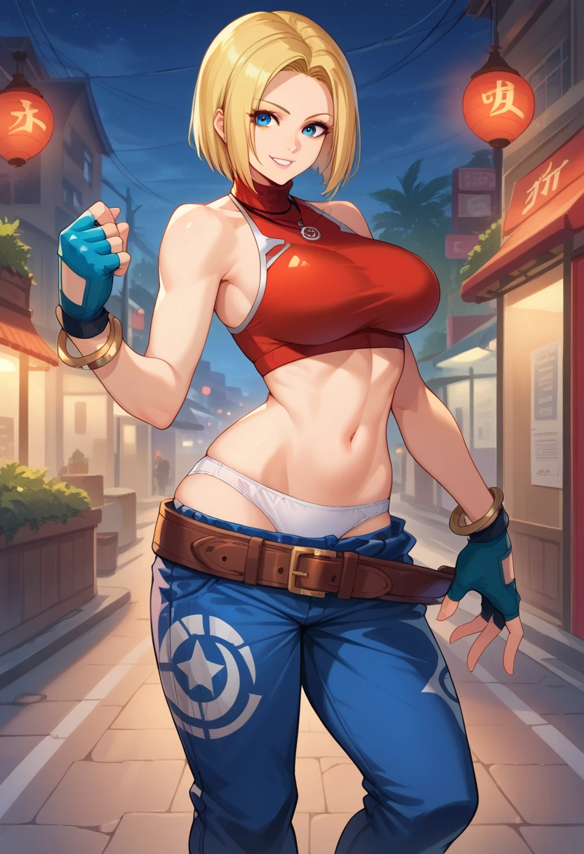 score_9, score_8_up, score_7_up, 1girl, solo, BlueMary, short hair, blue eyes,pants, crop top, turtleneck, belt, large breasts, fingerless gloves, necklace, standing, pulling down pants, white panties, standing, flirtatious smile, looking at you, night, street, illimunated city,