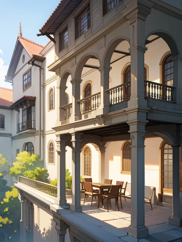 Design a house with a balcony, a pergola on the right, 2 floors with windows on all walls with beige clay roof and gray wall color