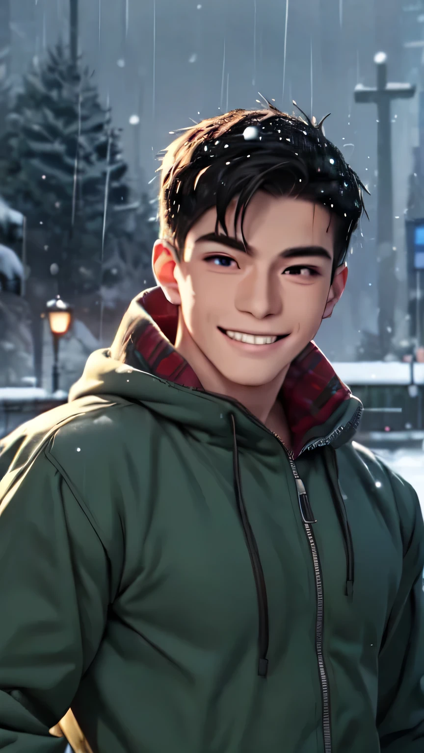 High definition, male, Muscle man, youthful appearance, wide and disturbing smile, hand extended to the screen, hood in hair, wild and short hair, rainy scenery, Snowing scenery, winter clothes