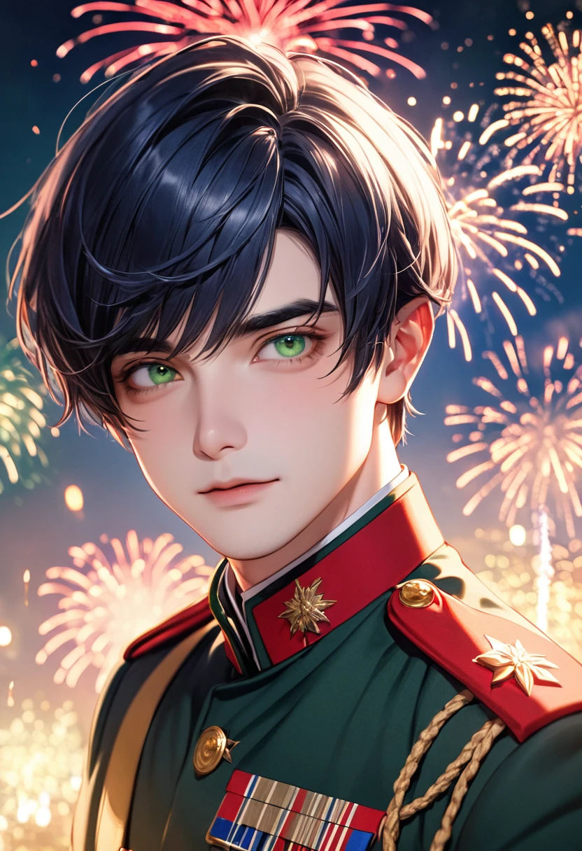 1 male Short dark blue hair and eyebrows Bangs parted above the right eye Deep green eyes Red and white military uniform firework