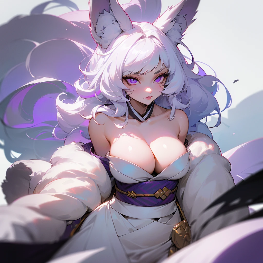 (ultra quality)), Beastmen. ((humanoid wolf)), ((masterpiece)), ((long white curly fur)), ((fluffy fur)), ((half rabbit)), ((White hair)), (beautiful face), (beautiful female lips), charming, ((threatening facial expression)), looks at the camera with a slight smile, (White skin color), (White skin), glow on the body, ((detailed eyes)), ((violet eyes)), (juicy female lips), (dark eyeliner), (beautiful female hands), ((thick body)), ideal female body, beautiful waist, beautiful big hips, big breasts, thick thighs, ((kimono)) ((Subtle and beautiful)), ((Long wolf ears)) ((long fluffy wolf tail)), ((At his side a huge white wolf)) (), ((depth of field)), ((high quality clear image)), (delete details), ((High detail)), ((clear focus))