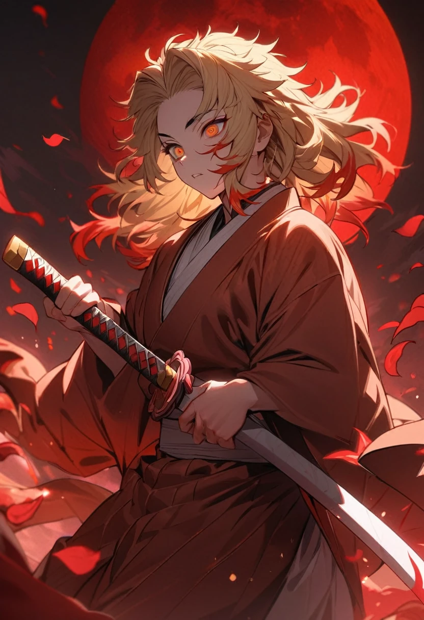 Absurd, High resolution, Very detailed, High resolution, masterpiece, Highest quality, Rengoku Kyojuro grabbing a katana, Medium blonde hair with red streaks, Expressive orange eyes, Kimetsu no Yaiba, 1 person, good looking, Red petals, red lily, Red Moon, Inflammation 