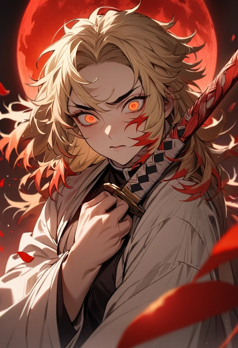 Absurd, High resolution, Very detailed, High resolution, masterpiece, Highest quality, Rengoku Kyojuro grabbing a katana, Medium blonde hair with red streaks, Expressive orange eyes, Kimetsu no Yaiba, 1 person, good looking, Red petals, red lily, Red Moon, Inflammation
