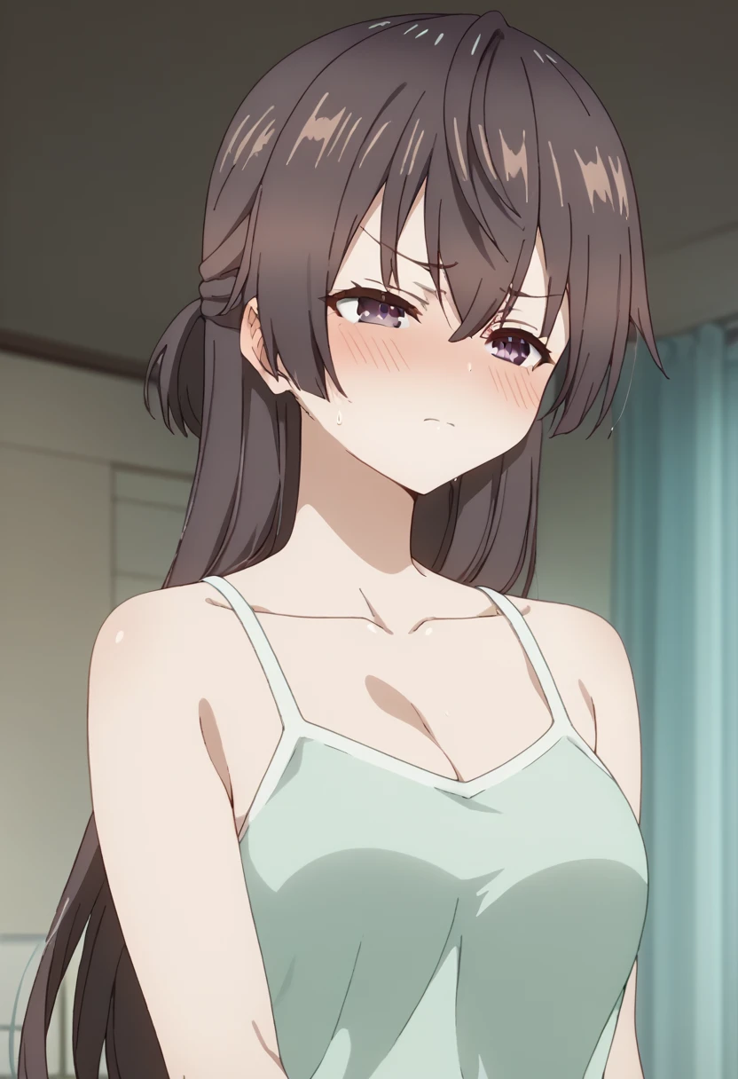 Large Breasts、blush、Sweat、In the heat、Yuki Suou, brown hair, long hair, purple eyes, collarbone, hair between eyes、
{Highest quality}, {so beautiful}, {Very detailed}, {Best illustrations},Life、slim:1.5、Camisole long maxi dress(tight)、Are standing