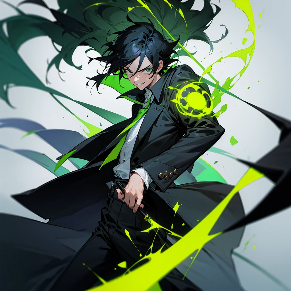 1 man with black hair , wearing a black overcoat covering his white shirt with a lime green tie and black dress pants with pockets and chains while wearing a white scarf with a tall white background with a smile and casting a spell in the form of a lime green time clock with his hair looking like Meliodas with a masculine but beautiful face holding a long scythe with a green blade and black handle with green flaming chains