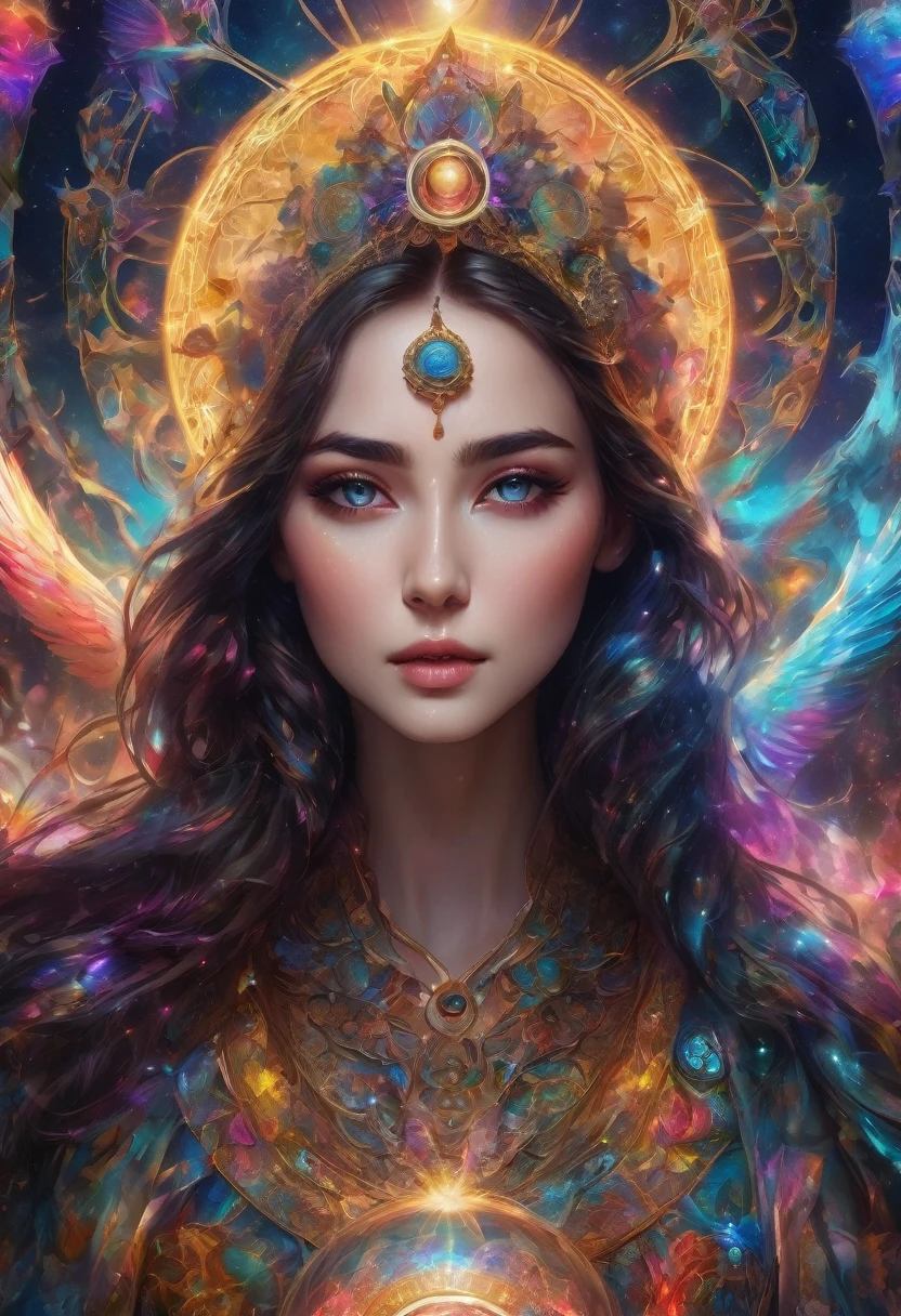 a beautiful girl with a detailed angelic face, piercing eyes, full lips, long eyelashes, wearing a starry diaphanous robe, holding the wheel of fortune tarot card, mystical background burst of colorful energy with zodiac symbols and celestial elements, (best quality, 4k, 8k, high resolution, masterpiece: 1.2), ultra-detailed, (realistic, photorealistic, photorealistic: 1.37), intricate details, fantasy art, cinematic lighting, vibrant colors, brilliant energy