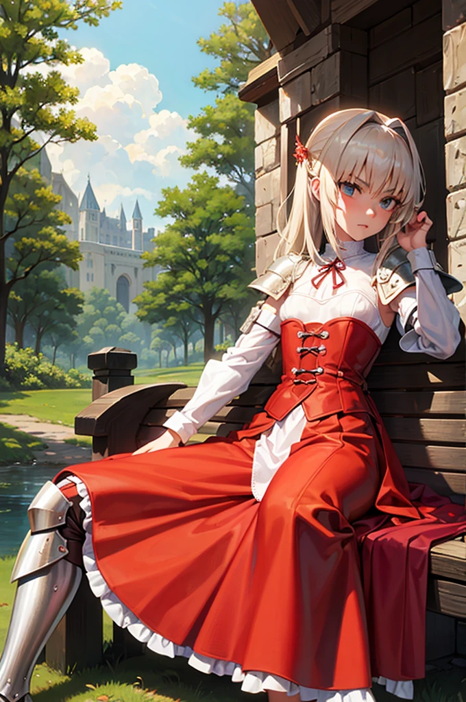 Faça a Mordred de Fate, sitting on a bench, with medieval clothes and armor