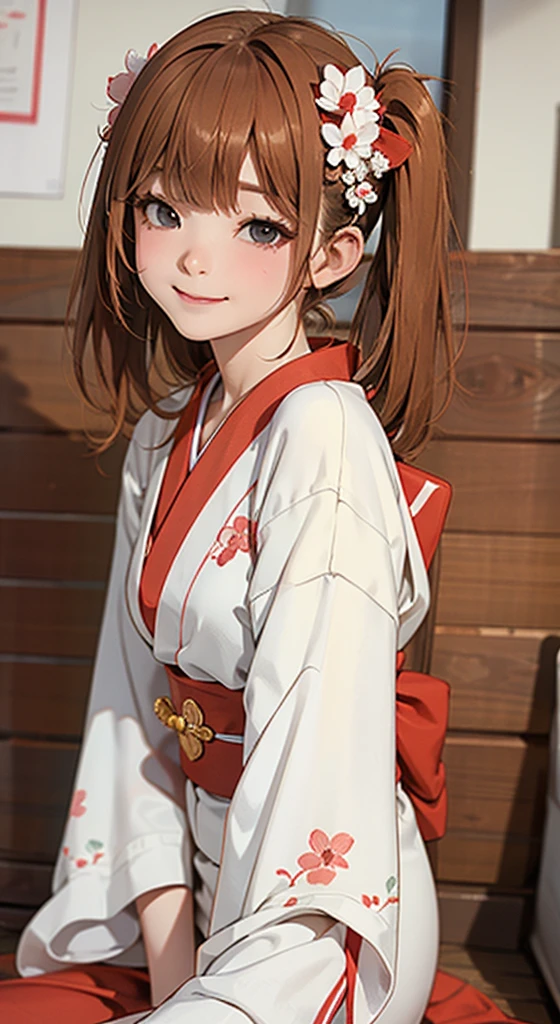 2 girls, masterpiece, Highest quality, Highly detailed CG Unity 8k wallpaper, High School Girl Anime Illustration. Wearing a red and white kimono, Sit upright, Lean your upper body forward, And then bow., Both expressed their gratitude.., seiza, The background is red and white vertical stripes, Close your eyes and open your mouth, Big smile, Facing the viewer