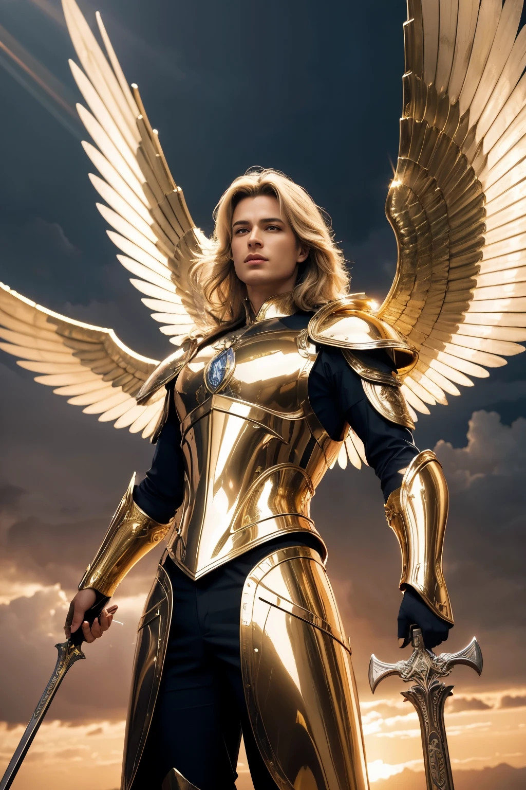 Archangel Michael in a majestic and heroic pose. He's dressed in shiny armor, with intricate details in gold and silver. Its wings are huge and imposing, with bright feathers that reflect light. In the right hand, he holds a flaming sword, and on the left, a shield adorned with angelic symbols. The background is a dramatic sky, with dark clouds and rays of light penetrating. At dinner it transmits power, courage and divinity, with a realistic and detailed style.