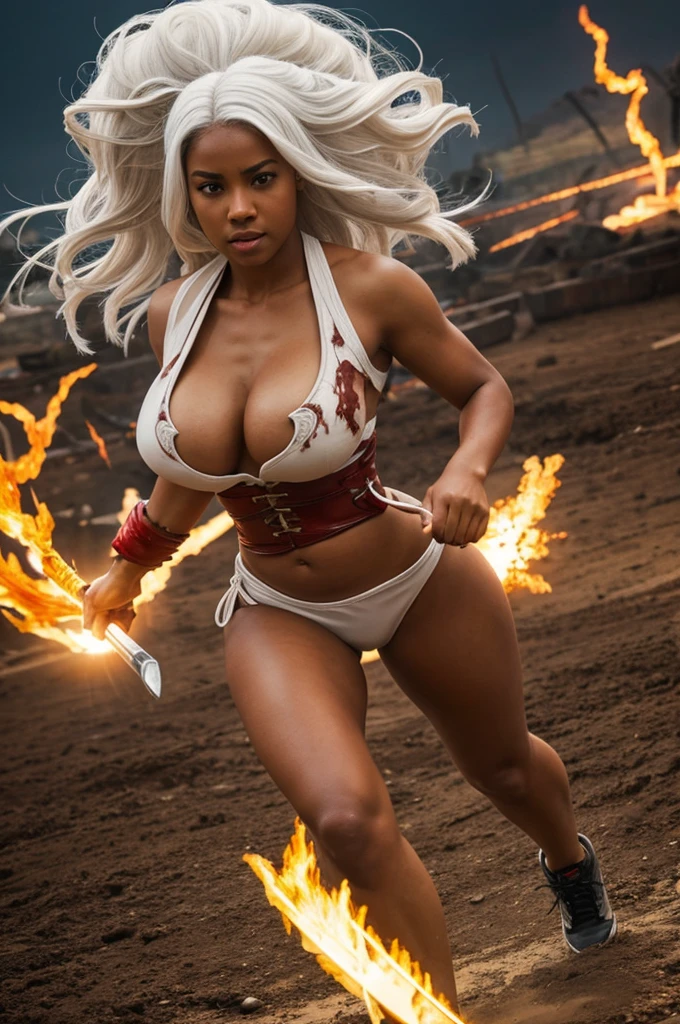 A girl with white hair- dark tan skin- thunder thighs- and blood bending around her