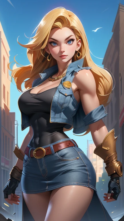 (((ashleyfires)))), Android 18 cosplay, (amaerican porn star), Unmatched masterpiece, ultra realista 8k CG, perfect work of art, (1girl: 1.1), solo, ((perfect female figure)), (nsfw), gazing at viewer, mature woman, Bimbo (android 18) standingn, (teasing), best qualityer:1.1, seductive posture, pose sexy, seductiv, (pretty), (curvilinear), (big), hair blonde, (blue colored eyes:1.2), shorth hair, earrings, jewelly, denim dress, open vest, Black pantyhosebloom, black jersey, denim skirt, striped long sleeve, blue skirt, turned legs, fit, (abs:1.1), (big butts:1.4), peach ass, (athletic body:1.2), (bountiful breasts:1.3, (big_breasts: 1.1), Broad Hips: 1.5, narrow waisted, Waist slender: 1.5, slenderbody: 1.2, coxas bigs: 1.3), (shining skin: 1.2), (hdr), (Street: 1.2), film Nikon D850 photography Kodak Portra Lens f1.400 camera 6, rich colors, realistic texture, lighting dramatic, unreal mechanism, trending on ArtStation, of Gerald Brom, de Frank Frazetta, by Luis Royo, the Julie Bell, by Boris Vallejo