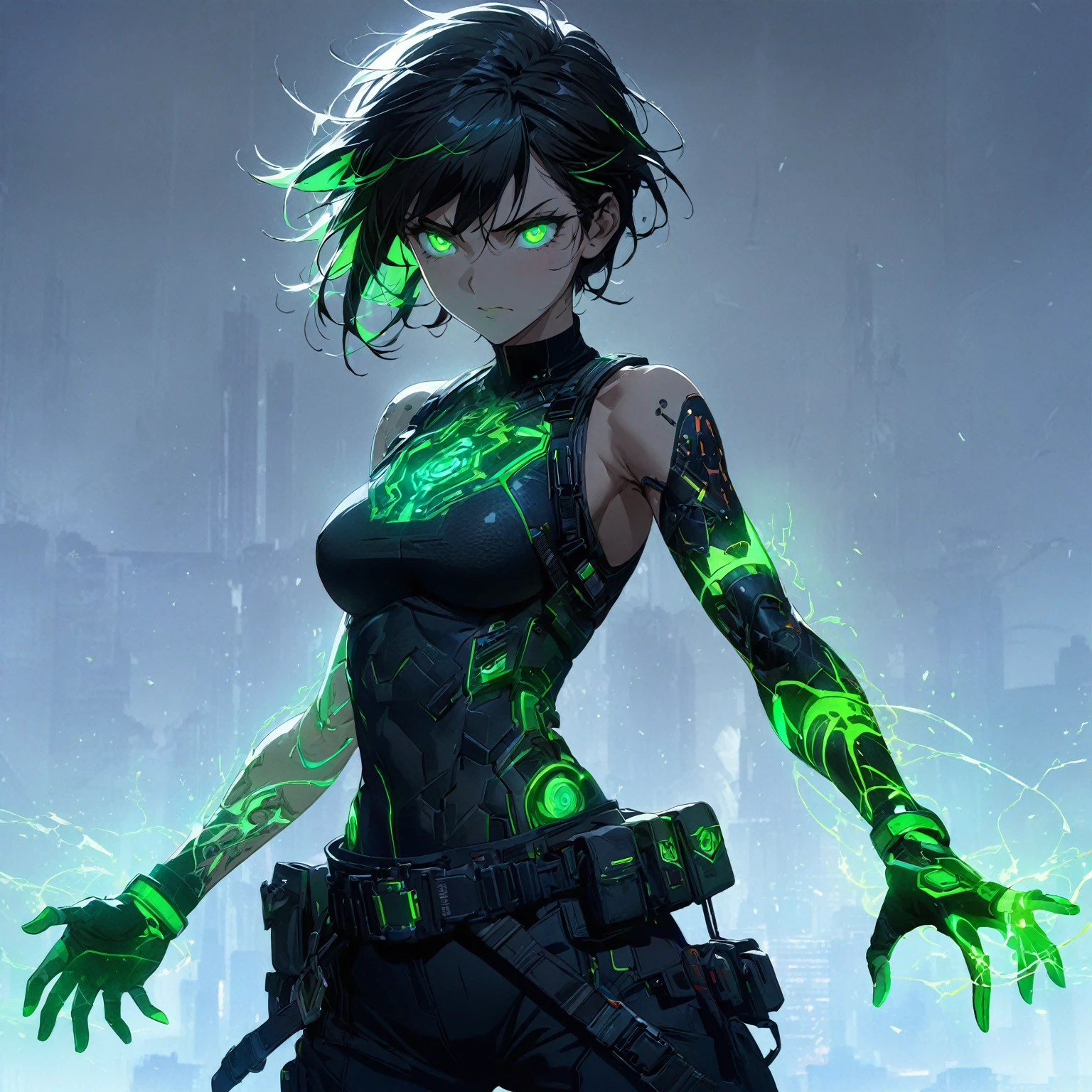a girl with Slim, athletic build,Short, edgy hair with streaks of neon green,Intense, glowing green eyes,Fitted, (nude:0.9), NSFW, dark top with glowing green circuitry,standing in front of a city,Sleeveless or short-sleeved, showcasing glowing energy patterns on her arms,High-tech harness with energy nodes,Fingerless gloves with energy conduits,Dark, fitted pants with utility pockets,Belt with energy capsules and gadgets,Confident, determined expression,Energetic aura surrounding her hands and body, detailed gorgeous face| anime style| key visual| intricate detail| highly detailed| breathtaking| vibrant| panoramic| cinematic| Carne Griffiths| Conrad Roset| gibbli 8k