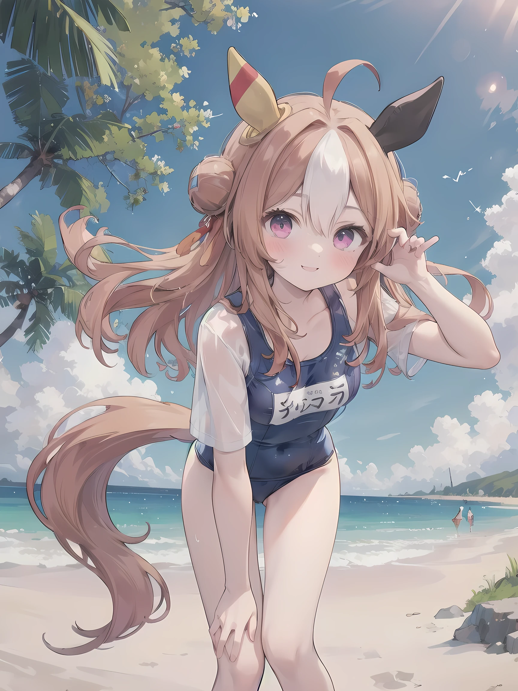 (masterpiece, best quality, perfect face:1.4) looking at viewer , walk along a corridor , full body, smile, blush, copano rickey \(umamusume\), (School swimsuit:1.2), cowboy shot, beach, tree, wave, wind