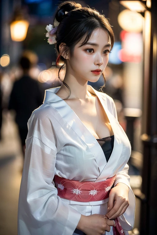 ((((Downn fancy yukata, ponytail, ))), (walking sideways, festivals, in the city, at night, cleavage that boldly looks through the yukata, looking sideways, walking in parallel, angle from above), (very dark lip gloss, pitch black lipstick, so many eyelashes, pitch black eyeshadow), NSFW, 8k, RAW photos, highest quality, high resolution: 1.1, hyper-realistic: 1.4, Realistic, super detail, photorealistic: 1.3, absurdity, masterpiece, urzan-6500-v1.1:0.33, beautiful_mistake-6500:0.66, pureerosface_v1:0.33, raw photo: 1.2, open mouth, soft light, cinema light, film grain, whole body, depth of field,, blurred background, eye focus, young, 85mm lens, f/1.4, professional lighting, portrait, photon mapping, radiosity, physically based rendering, transparency, Japan girls, sexual arousal: 1.5, realistic face, realistic body, realistic skin, clean: 1.8, big breasts: 1.3, teary bogs, watery eyes, raised eyebrows, good style, camel toes, smile, charming smile, fluffy clothes, beautiful collarbones, Beautiful buttocks