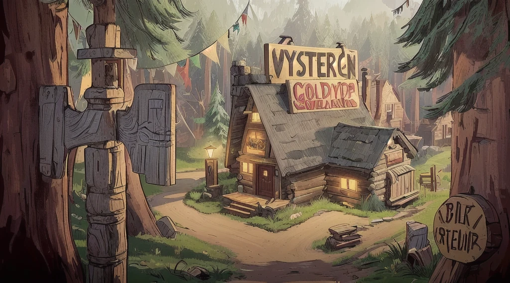 Cartoon illustration of a small cabin in the woods with a sign that says western crack, gravity Falls, hut close up, gravity Falls style, art background, Exterior mysteryso, charging screen", Point-and-click adventure game, Stylized game art, art backgroundwork, Stylized conceptual art, mystery, architecture mystery, concept art for a video game, game illustration