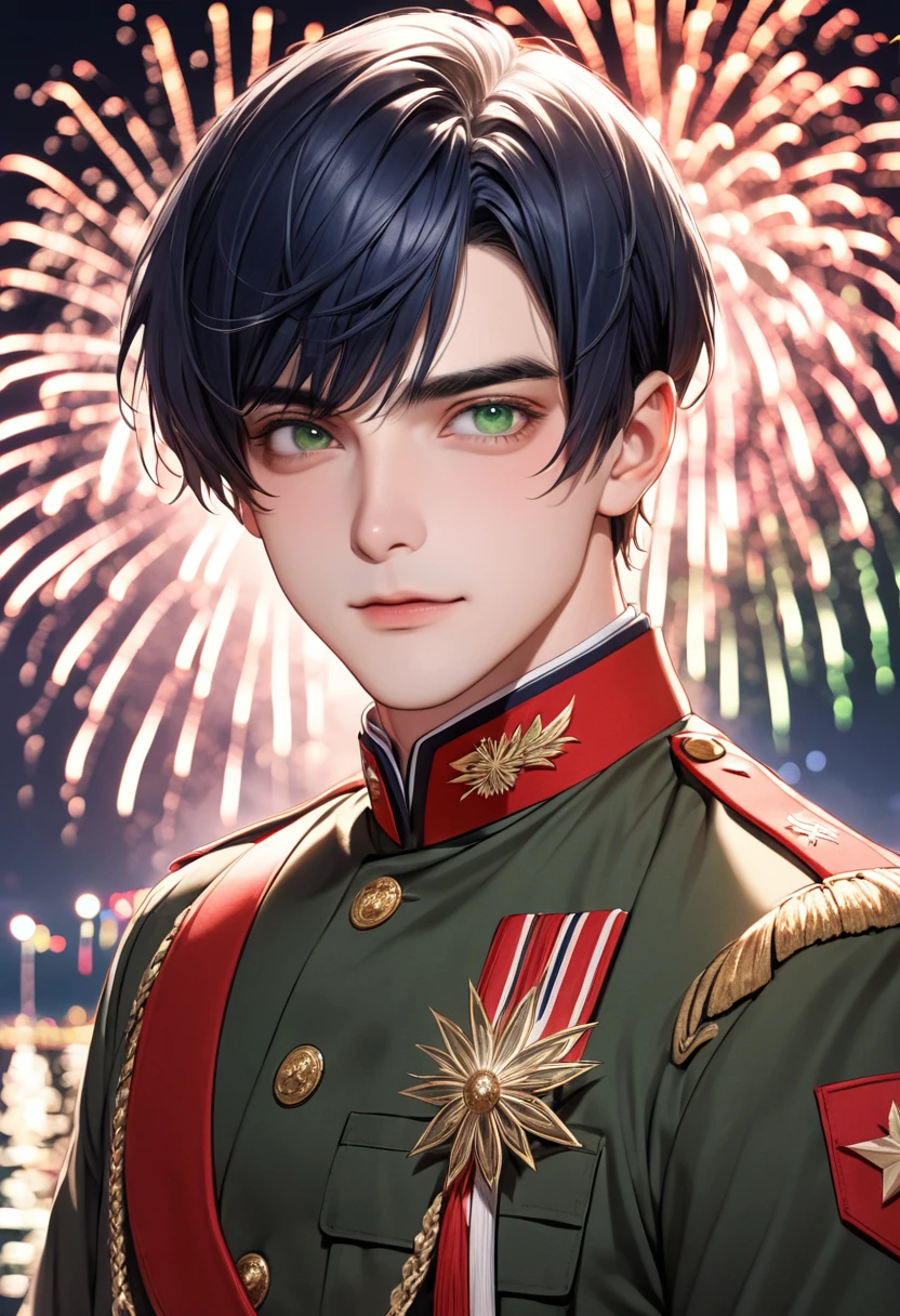 1 male　Short dark blue hair and eyebrows　Bangs parted above the left eye　Deep green eyes 　Red and white military uniform 　firework