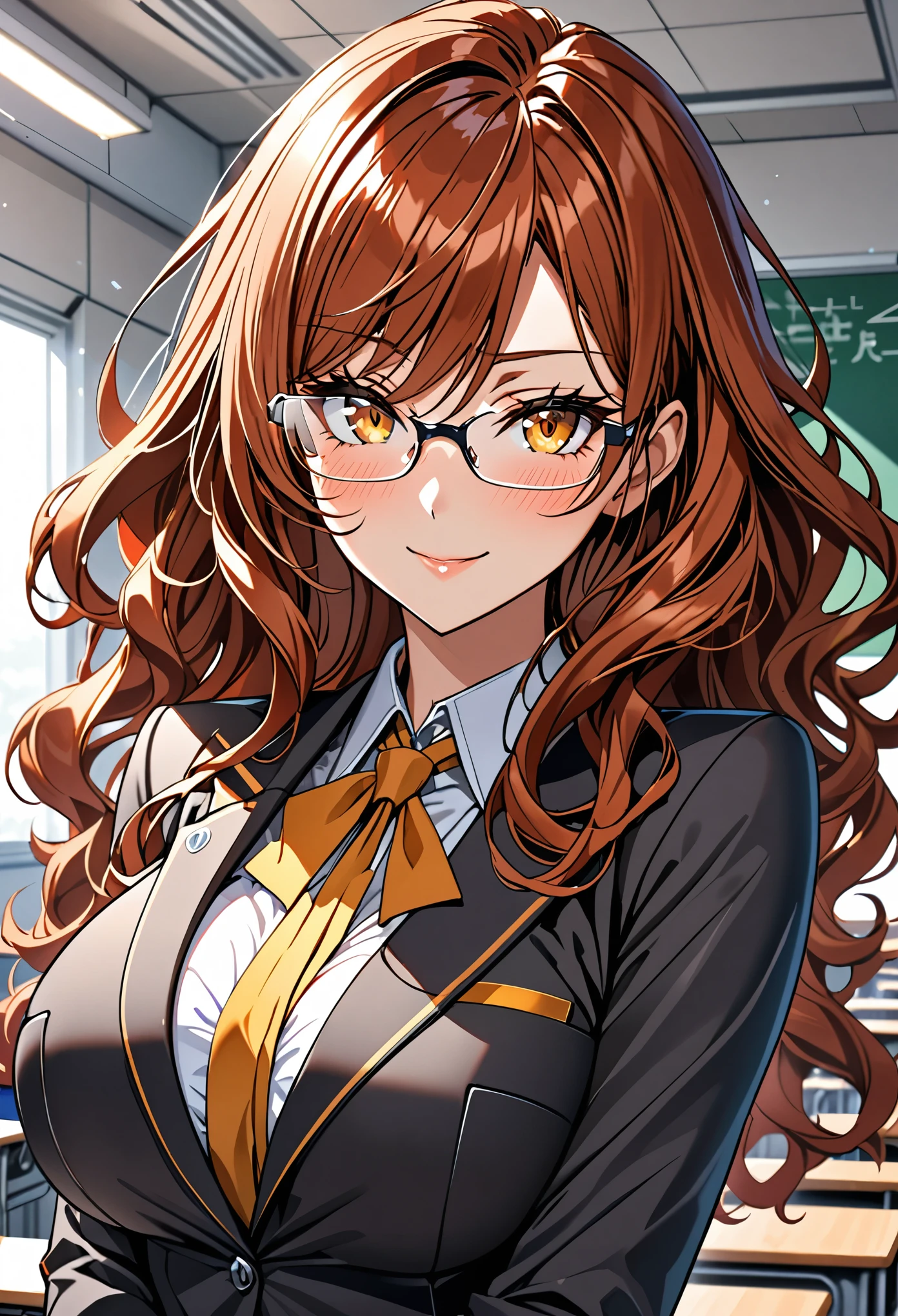 solo, female, wavy hair, thick hair, auburn hair, golden eyes, huge breasts, teacher, short skirt, thin-rimmed glasses, shy smile, blush, classroom, suit, blazer, close up, futuristic, high tech