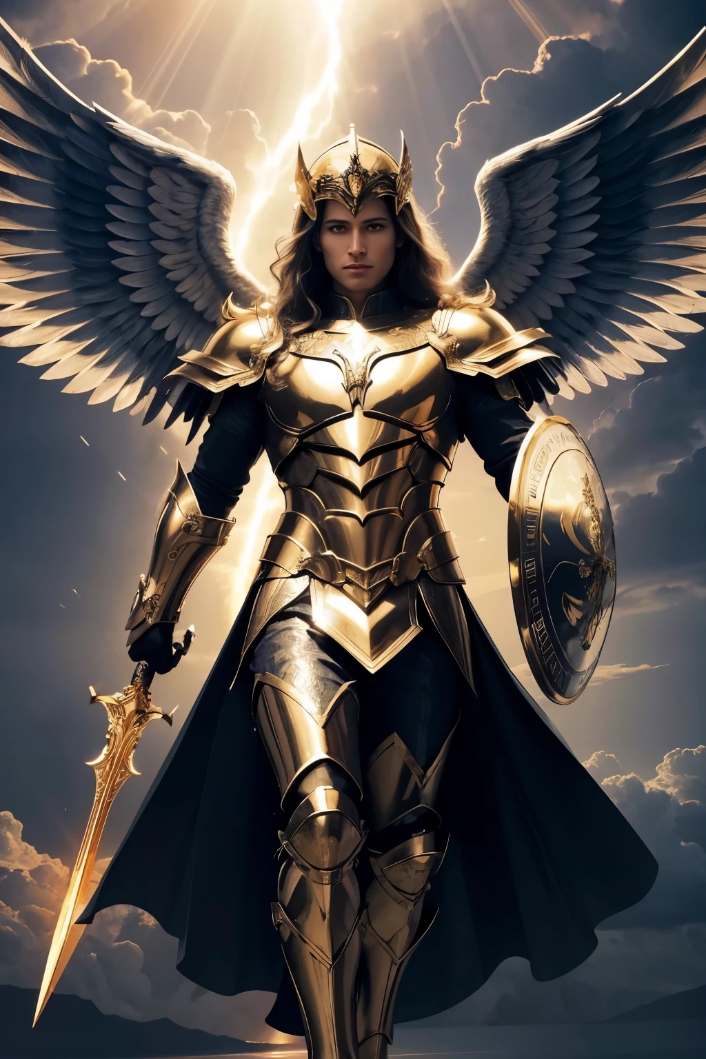 Archangel Michael in a majestic and heroic pose. He's dressed in shiny armor, with intricate details in gold and silver. Its wings are huge and imposing, with bright feathers that reflect light. In the right hand, he holds a flaming sword, and on the left, a shield adorned with angelic symbols. The background is a dramatic sky, with dark clouds and rays of light penetrating. At dinner it transmits power, courage and divinity, with a realistic and detailed style.
