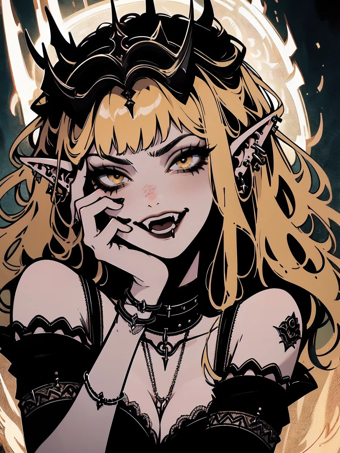 high détail, work of art, dramatic lighting(absurderes, high resolution, ultra detaild), extremely detailed 8k CG unit. mature face, adult Woman, Woman, mature Woman, elf, piercings, Short Wavy Black Hair and Bangs, fangs, yellow eyes, modest black clothes, mad expression, whole body.