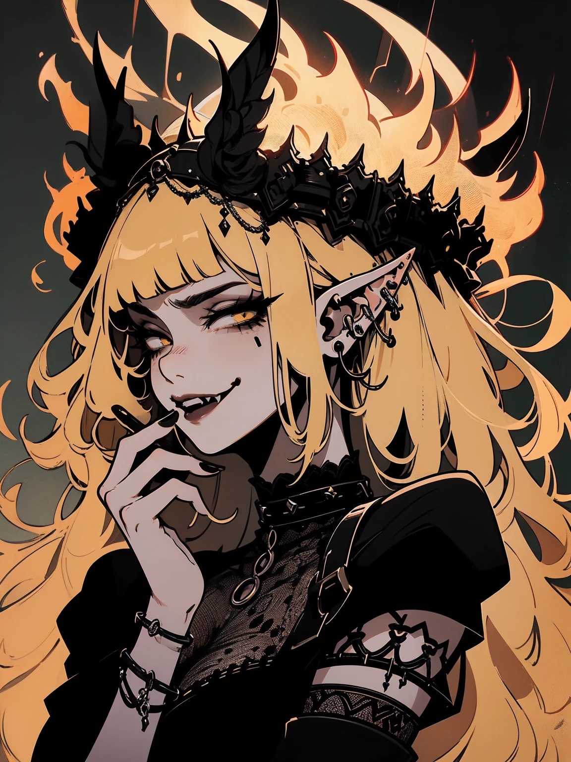 high détail, work of art, dramatic lighting(absurderes, high resolution, ultra detaild), extremely detailed 8k CG unit. mature face, adult Woman, Woman, mature Woman, elf, piercings, Short Wavy Black Hair and Bangs, fangs, yellow  eyes, modest black clothes, mad expression, whole body.