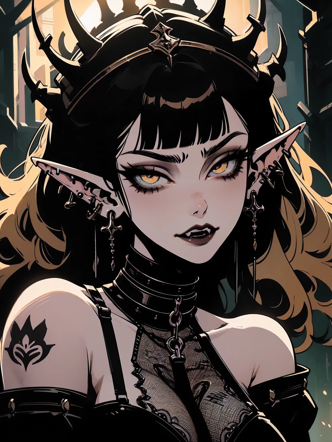 high détail, work of art, dramatic lighting(absurderes, high resolution, ultra detaild), extremely detailed 8k CG unit. mature face, adult Woman, Woman, mature Woman, elf, piercings, Short Wavy Black Hair and Bangs, fangs, yellow eyes, modest black clothes, mad expression, whole body.