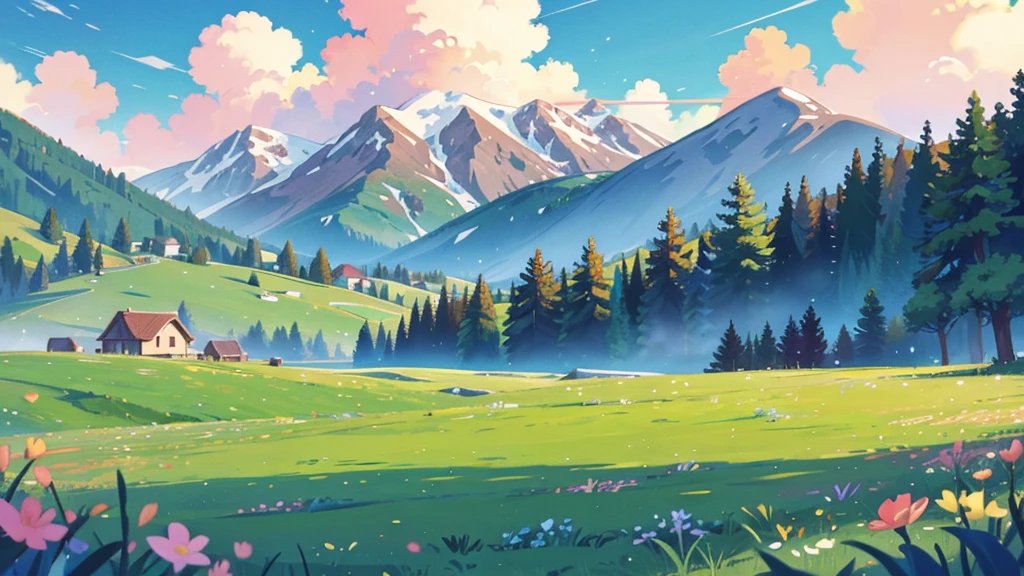 Pasture meadow with cute mountains in the background