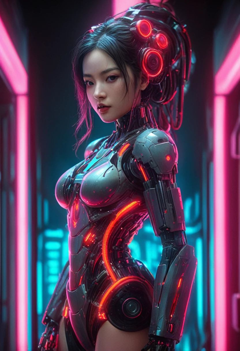 xxmixgirl. Highly detailed professional 35mm film, bokeh, face in sharp focus. A robotic female, Miku, with ((metal skin)), ((perfect Asian eyes)) with magenta irises and ((black pupils)), beautiful serious (detailed face), 18 year old ((photorealistic face)), very long magenta twin tails of magenta hair, twin black hair ties with a single red stripe. She may have a black audio headpiece. We can see her ((full body)) down to her boot soles. Her outfit is a sleeveless collared light grey shirt, outlined in red around the frilled collar and hems. Shiny reflective ((metallic breast cups, dimpleless)), invisible nipples. She wears black sleeves with red hems that start around her upper arm and bellow out as the sleeves open and extend to her wrists, with wide trumpet red rimmed cuffs. She has perfect robotic (detailed hands). She wears a red colored tie with two horizontal solid parallel black lines halfway across. She wears a fabric black skirt with a horizontal red hem at the bottom all the way around; her (((black skirt wraps around her))) and ((her skirt completely covers)) her robotic waist and thighs. Tall black boots with red bottom soles, a red rim around the top at her thighs. Her mechanical shoulder joints are visible. We can see her robotic legs and robotic neck. Half of her is covered with shiny polished machinery. The background is a distant dark neon futuristic Japanese city, gold, cyan, violet neon, near harbor or mountains.