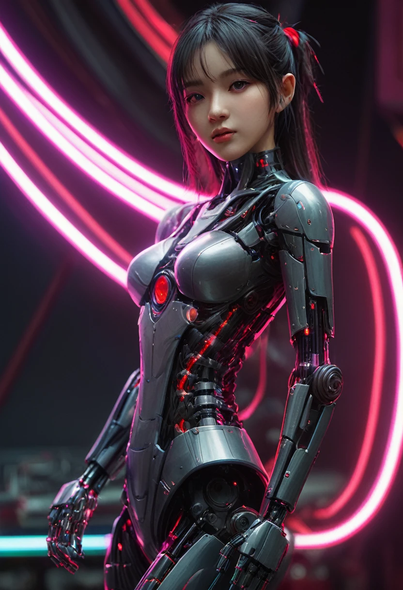 xxmixgirl. Highly detailed professional 35mm film, bokeh, face in sharp focus. A robotic female, Miku, with ((metal skin)), ((perfect Asian eyes)) with magenta irises and ((black pupils)), beautiful serious (detailed face), 18 year old ((photorealistic face)), very long magenta twin tails of magenta hair, twin black hair ties with a single red stripe. She may have a black audio headpiece. We can see her ((full body)) down to her boot soles. Her outfit is a sleeveless collared light grey shirt, outlined in red around the frilled collar and hems. Shiny reflective ((metallic breast cups, dimpleless)), invisible nipples. She wears black sleeves with red hems that start around her upper arm and bellow out as the sleeves open and extend to her wrists, with wide trumpet red rimmed cuffs. She has perfect robotic (detailed hands). She wears a red colored tie with two horizontal solid parallel black lines halfway across. She wears a fabric black skirt with a horizontal red hem at the bottom all the way around; her (((black skirt wraps around her))) and ((her skirt completely covers)) her robotic waist and thighs. Tall black boots with red bottom soles, a red rim around the top at her thighs. Her mechanical shoulder joints are visible. We can see her robotic legs and robotic neck. Half of her is covered with shiny polished machinery. The background is a distant dark neon futuristic Japanese city, gold, cyan, violet neon, near harbor or mountains.