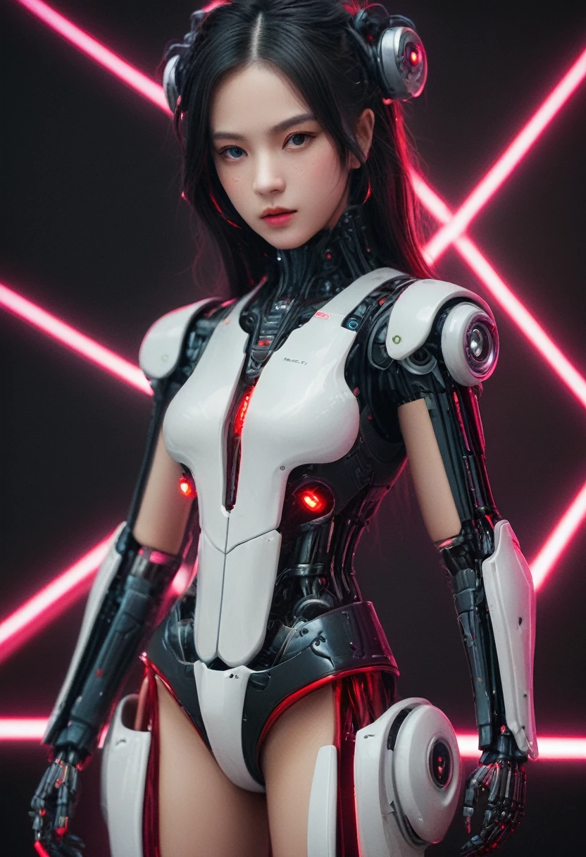 xxmixgirl. Highly detailed professional 35mm film, bokeh, face in sharp focus. A robotic female, Miku, with ((metal skin)), ((perfect Asian eyes)) with magenta irises and ((black pupils)), beautiful serious (detailed face), 18 year old ((photorealistic face)), very long magenta twin tails of magenta hair, twin black hair ties with a single red stripe. She may have a black audio headpiece. We can see her ((full body)) down to her boot soles. Her outfit is a sleeveless collared light grey shirt, outlined in red around the frilled collar and hems. Shiny reflective ((metallic breast cups, dimpleless)), invisible nipples. She wears black sleeves with red hems that start around her upper arm and bellow out as the sleeves open and extend to her wrists, with wide trumpet red rimmed cuffs. She has perfect robotic (detailed hands). She wears a red colored tie with two horizontal solid parallel black lines halfway across. She wears a fabric black skirt with a horizontal red hem at the bottom all the way around; her (((black skirt wraps around her))) and ((her skirt completely covers)) her robotic waist and thighs. Tall black boots with red bottom soles, a red rim around the top at her thighs. Her mechanical shoulder joints are visible. We can see her robotic legs and robotic neck. Half of her is covered with shiny polished machinery. The background is a distant dark neon futuristic Japanese city, gold, cyan, violet neon, near harbor or mountains.