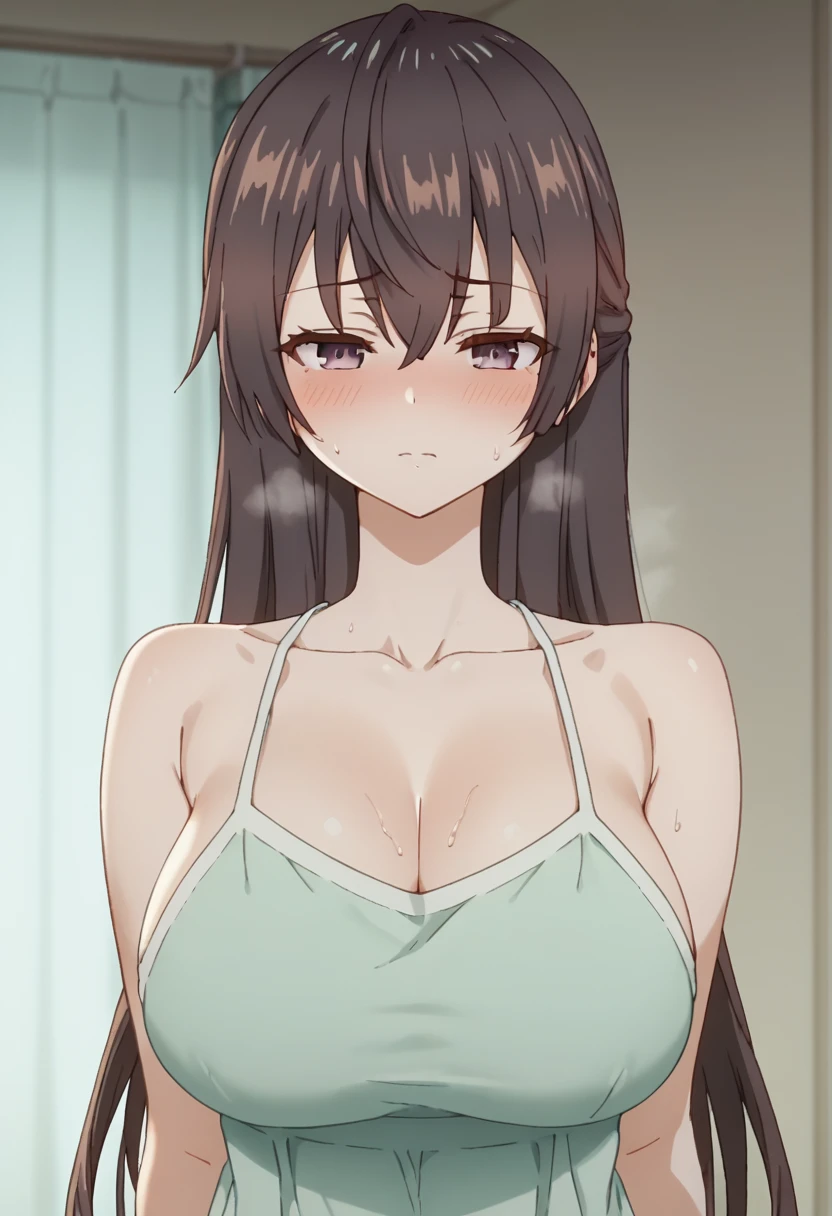 Huge breasts、blush、Sweat、In the heat、Yuki Suou, brown hair, long hair, purple eyes, collarbone, hair between eyes、
{Highest quality}, {so beautiful}, {Very detailed}, {Best illustrations},Life、slim:1.5、Camisole long maxi dress(tight)、Are standing