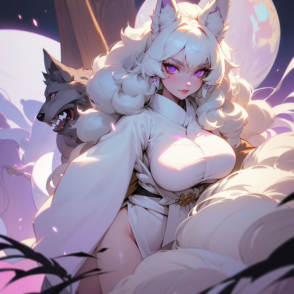 (ultra quality)), Beastmen. ((humanoid wolf)), ((masterpiece)), ((long white curly fur)), ((fluffy fur)), ((half rabbit)), ((White hair)), (beautiful face), (beautiful female lips), charming, ((threatening facial expression)), looks at the camera with a slight smile, (White skin color), (White skin), glow on the body, ((detailed eyes)), ((violet eyes)), (juicy female lips), (dark eyeliner), (beautiful female hands), ((thick body)), ideal female body, beautiful waist, beautiful big hips, big breasts, thick thighs, ((kimono)) ((Subtle and beautiful)), ((Long wolf ears)) ((long fluffy wolf tail)), ((At his side a huge white wolf)) (), ((depth of field)), ((high quality clear image)), (delete details), ((High detail)), ((clear focus))