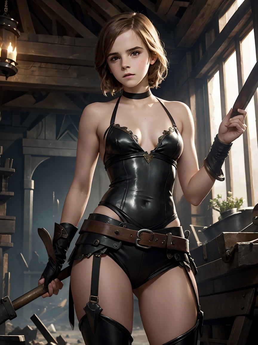 a beautiful emma watson dressed as a sexy blacksmith. forge. as a captivating figure amidst the desolation. slender and graceful. from below. background forge.
