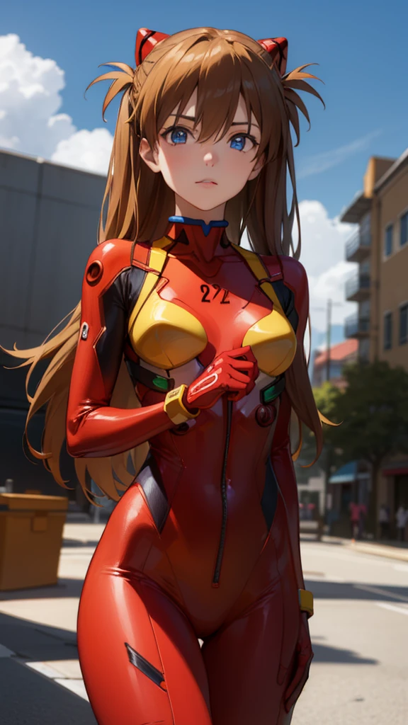 asukalangley, asuka langley soryu, (souryuu asuka langley:1.2), long hair, bangs, blue eyes, brown hair, hair ornament,
BREAK bodysuit, pilot suit, plugsuit, (red bodysuit:1.5), interface headset,
BREAK outdoors, city, sky, clouds, sun,
BREAK looking at viewer, (cowboy shot:1.5),
BREAK (masterpiece:1.2), best quality, high resolution, unity 8k wallpaper, (illustration:0.8), (beautiful detailed eyes:1.6), extremely detailed face, perfect lighting, extremely detailed CG, (perfect hands, perfect anatomy),